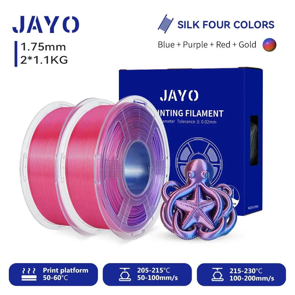 JAYO 3D Multicolor 4-Farben Seiden-PLA+-Filament-Bündel Seiden-PLA+-3D-Drucker-Filament 1,75 mm +/- 0,02 mm Glänzende Seidenstruktur 2 Rollen