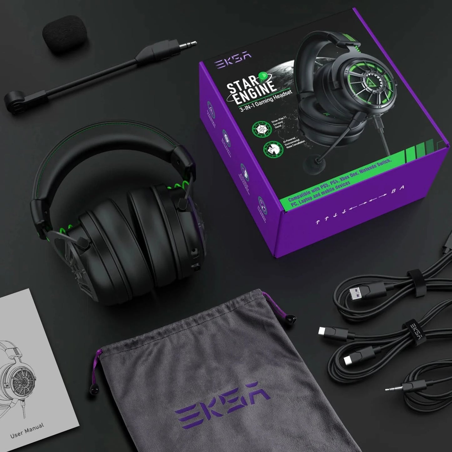 EKSA StarEngine Pro Gaming Headset Gamer 7.1 kabelgebundenes Over-Ear-Headset mit ENC-Mikrofon und Geräuschunterdrückung für PC/PS4/PS5/Xbox