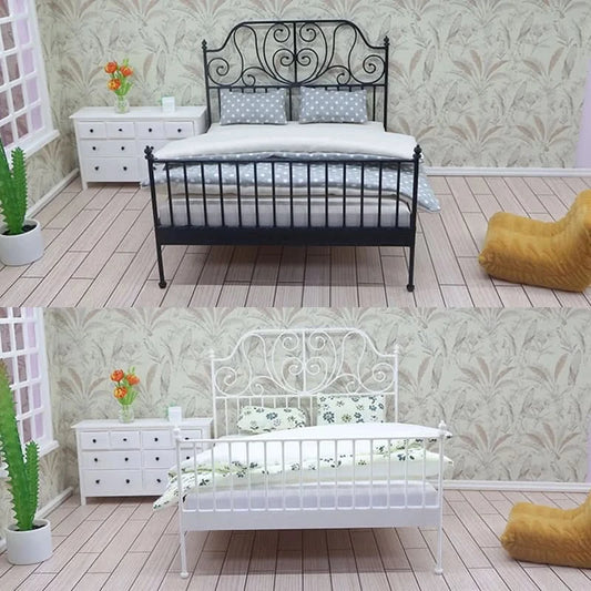 1/12 Dollhouse Simulation European Bed With Mattress Pillow Quilt Doll Home Iron Art Double Bed Bedroom Furniture Decoration Toy