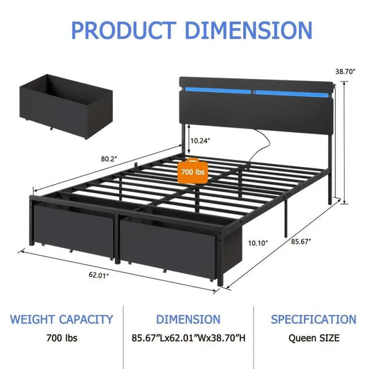 Queen Bed Frame with Wood Headboard, Black Platform Bed with 2 Storage Drawers amp Shelf, Builtin Charging Station Vellivy