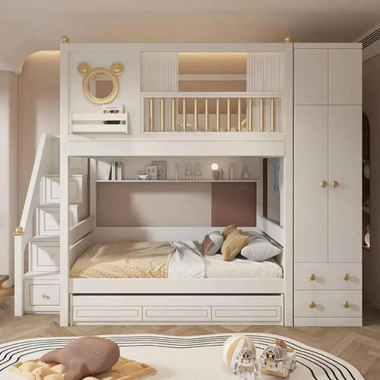 Modern Comfortable Wooden Bunk Bed with Double Top Loft Design Unisex Width Suitable for Nursery Living Room with Slide
