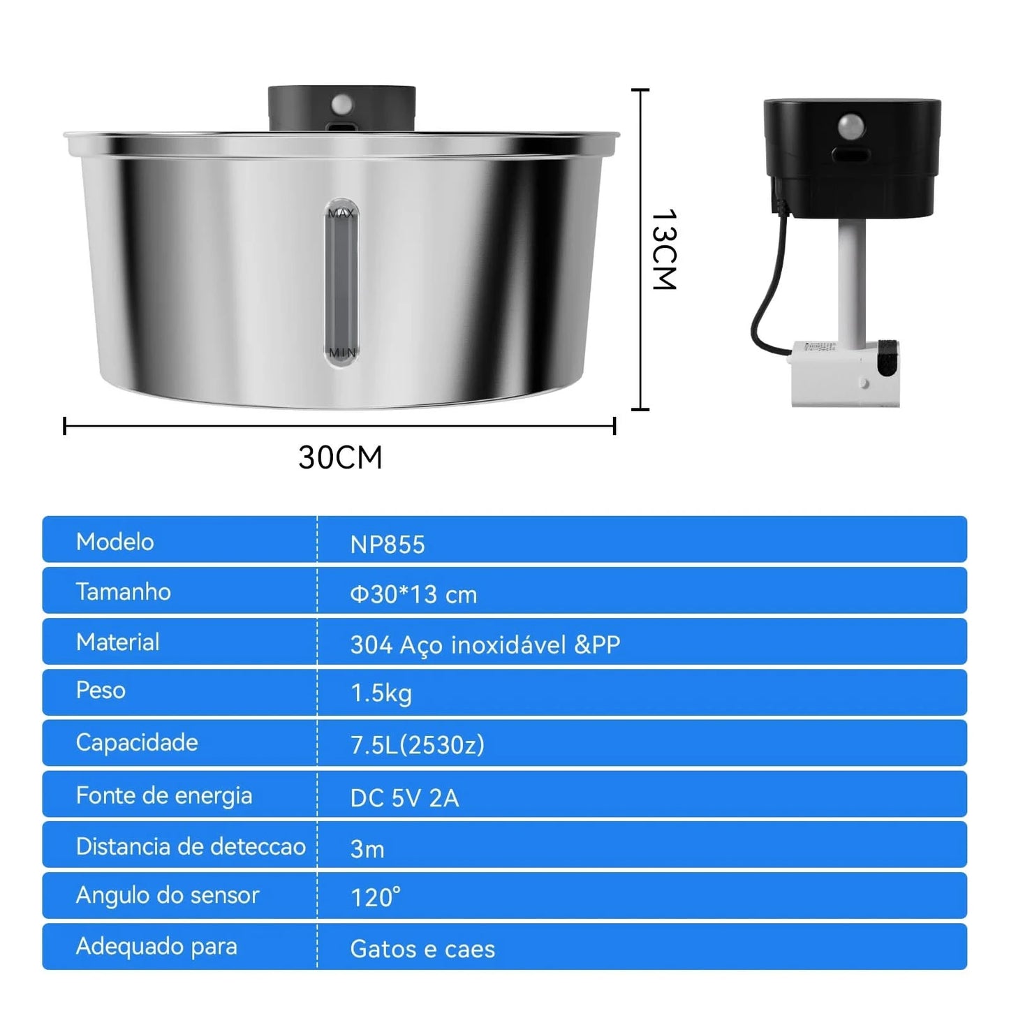 Newpet 7.5L Automatischer Trinkbrunnen für Hunde aus Edelstahl, 5000mAh kabelloser Haustiertränke, Batterie- und Sensor-2-in-1-Spender für Hunde