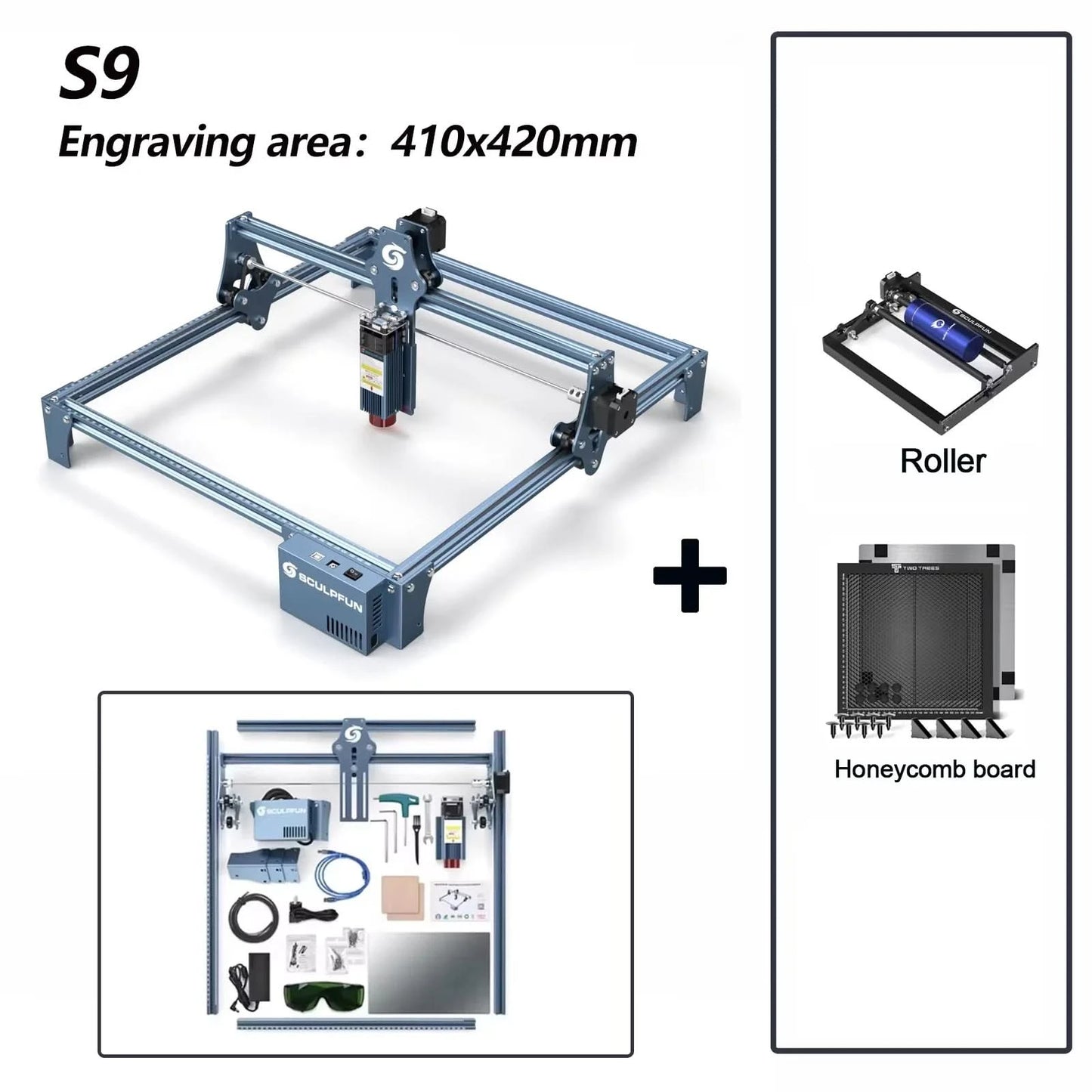 SCULPFUN S9 Lasermaschine 90W CO2 Laser-Effekt Gravur Schneidwerkzeug Hohe Genauigkeit 410x420mm Schnelle Montage
