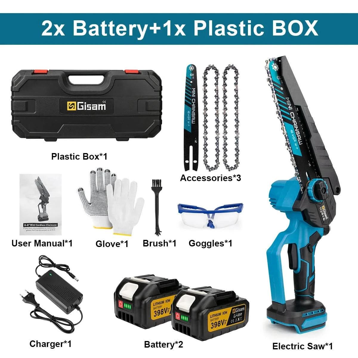 Gisam 8 Zoll Bürstenlose elektrische Kettensäge, Akku-Kettensäge, Holzbearbeitung, Gartenschere, Werkzeug für Makita 18V Akku-Pins