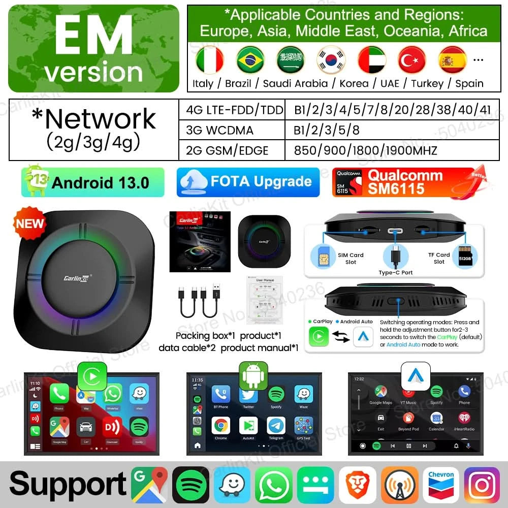 CarlinKit S2 CarPlay Ai Box LED Android 13 Streaming Box 64G/128G Qualcomm 8-Core Split Screen Smartes Fahrzeugsystem Wiedergabe von Videos