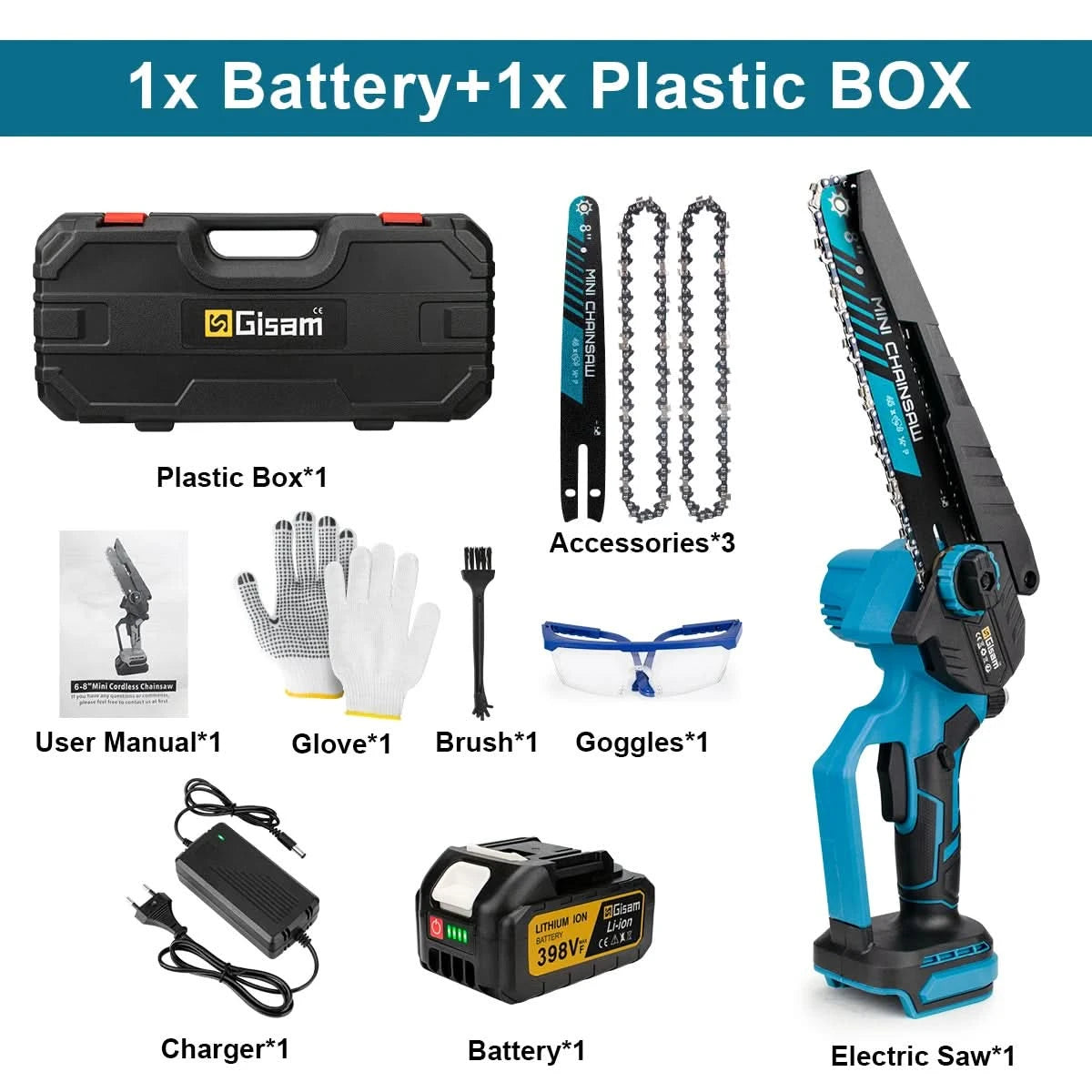 Gisam 8 Zoll Bürstenlose elektrische Kettensäge, Akku-Kettensäge, Holzbearbeitung, Gartenschere, Werkzeug für Makita 18V Akku-Pins