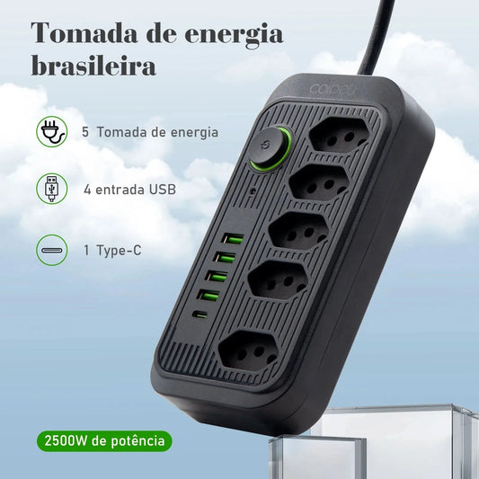 Electric Socket Extension Cable with USB Type C, Power Strip, Brazil Plug, AC Sockets, Multitap Line Filter, Adapter