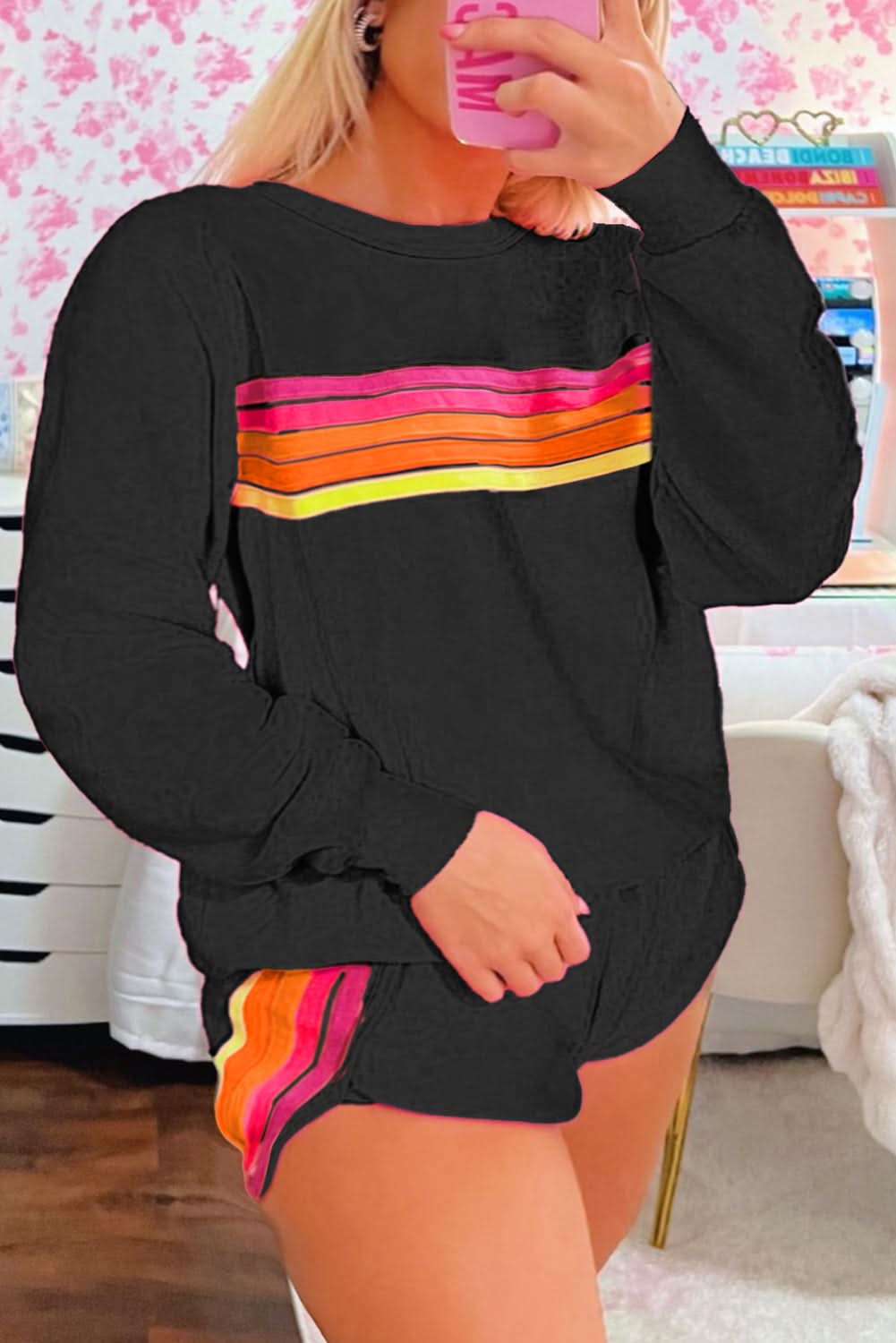 Schwarz gestreifter Akzentpullover und Shorts, zweiteiliges Freizeitset
