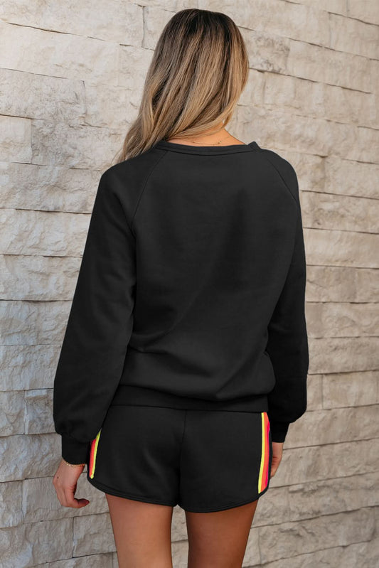 Black Striped Accent Pullover and Shorts Two Piece Casual Set