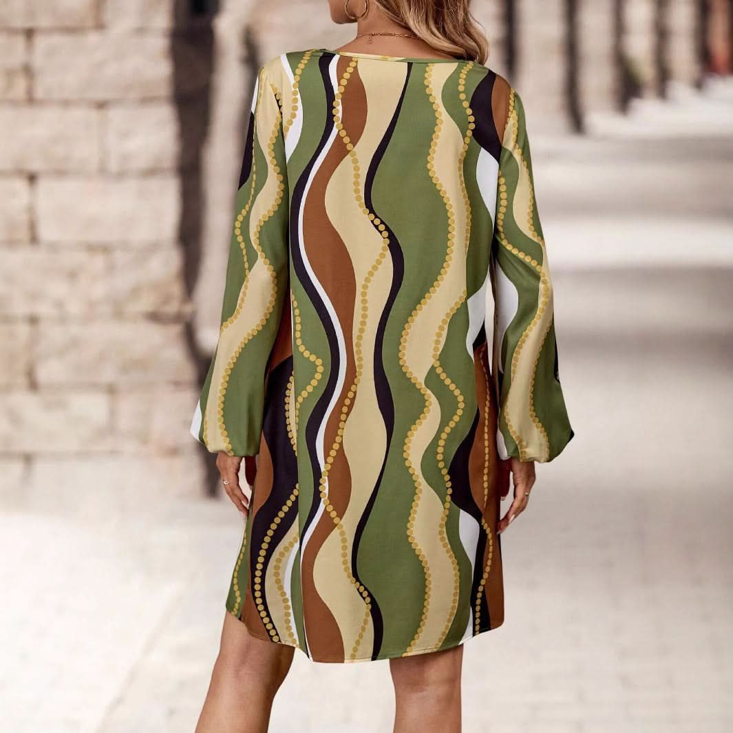 Style Printed Long Sleeve Round Neck Dress