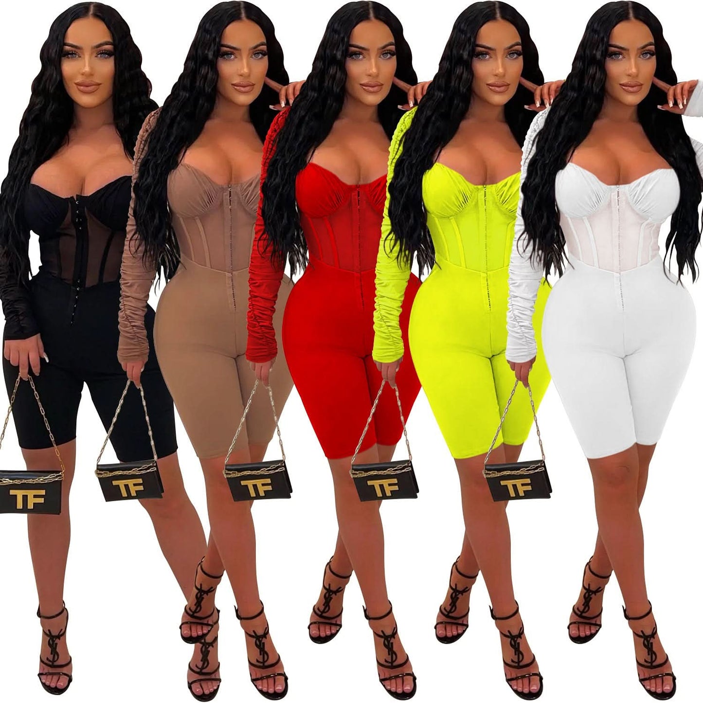 Fashion Damen Einfarbiger Langarm-Kurz-Overall mit Mesh-Transparenz