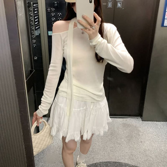 Lace-up Butterfly Sleeveless Long Sleeve T-Shirt for Women, Lightweight Chiffon Style, Elegant and Slim Fit Top