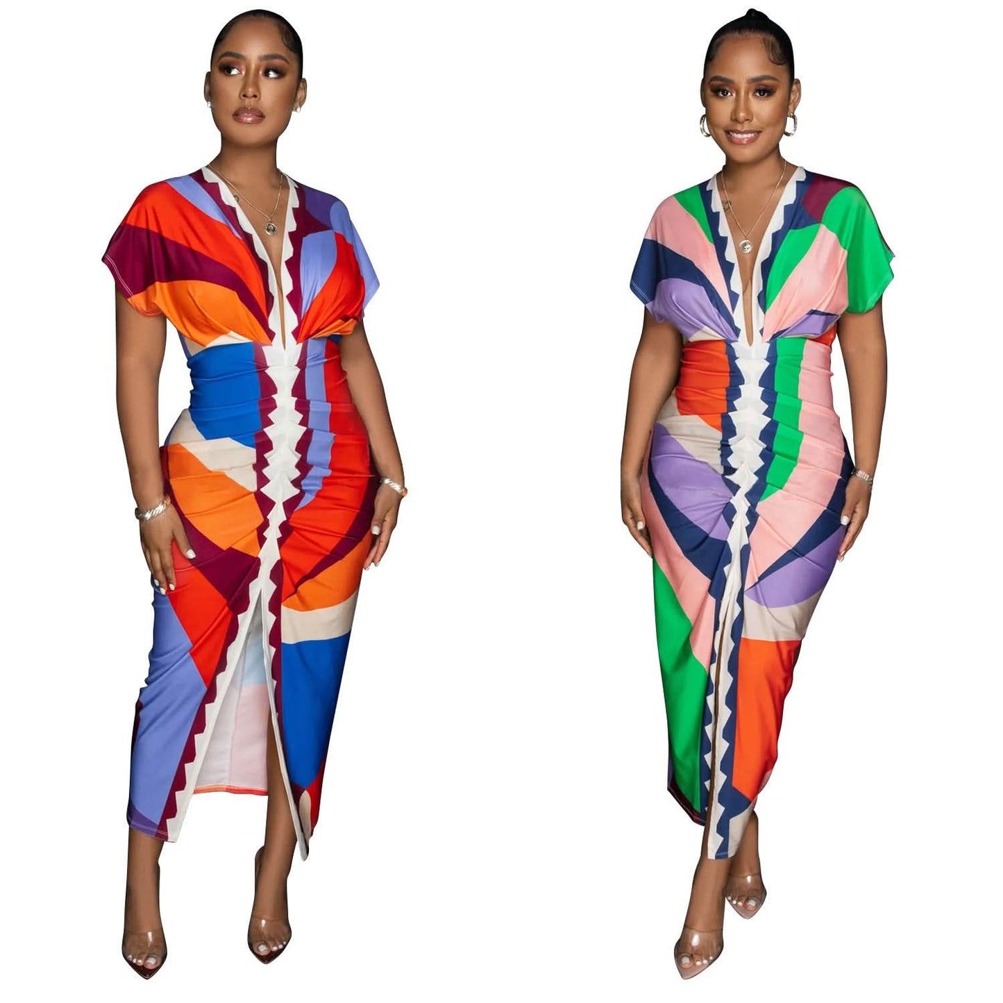Fashion Women's V-neck Printed Pleated Split Long Dress