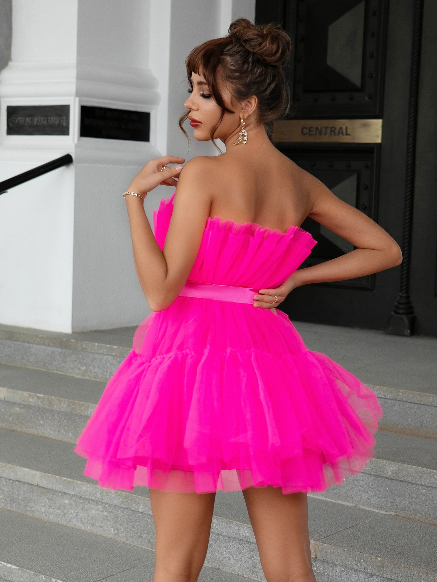 Mesh Solid Pink Ruched Halloween Dress Women Sashes Strapless Club Loose Dresses Backless High Waist Sexy Party Vestido