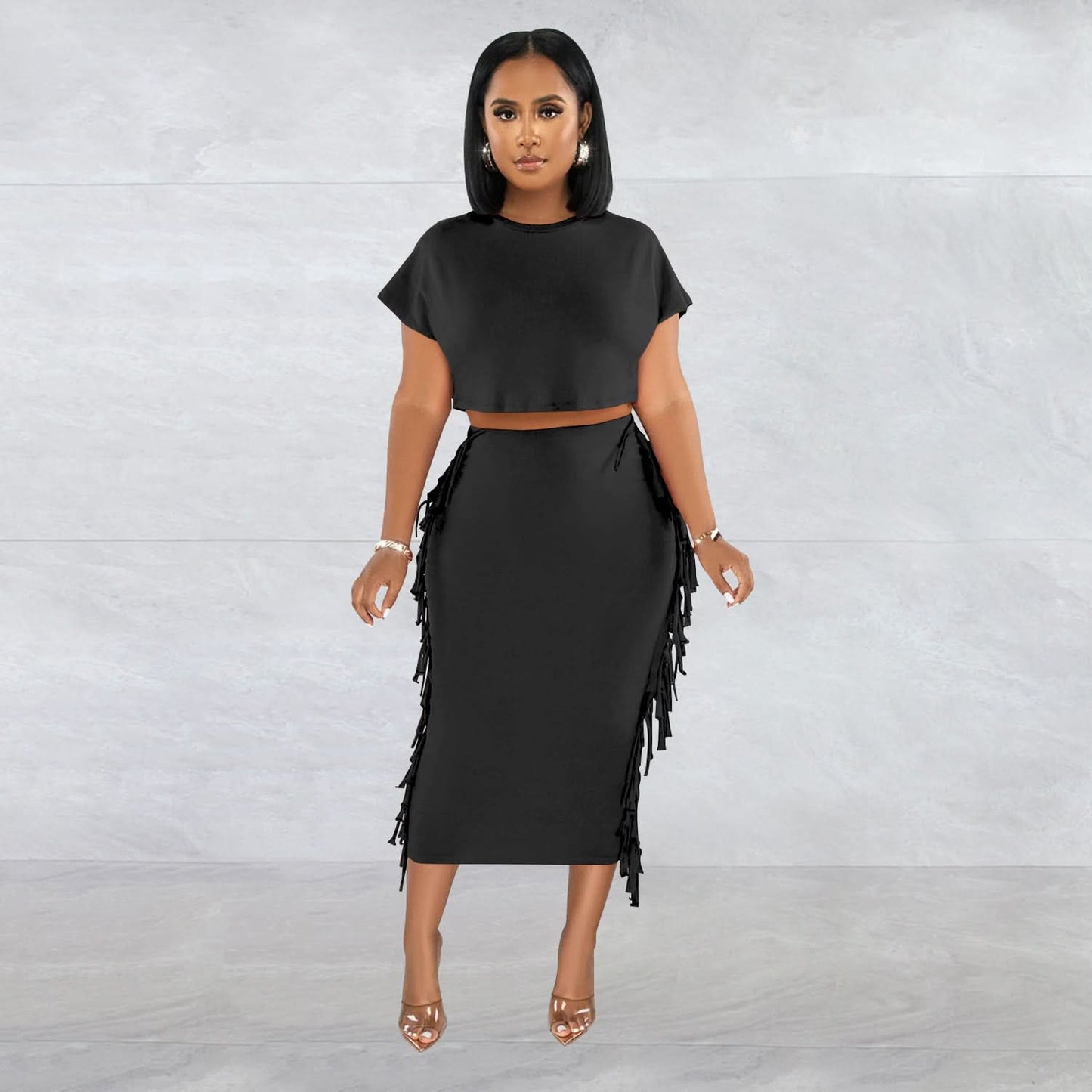 FashionableStyle Einfarbig Fransen Rundhals Kurzarm Langes Kleid Zweiteiliges Set