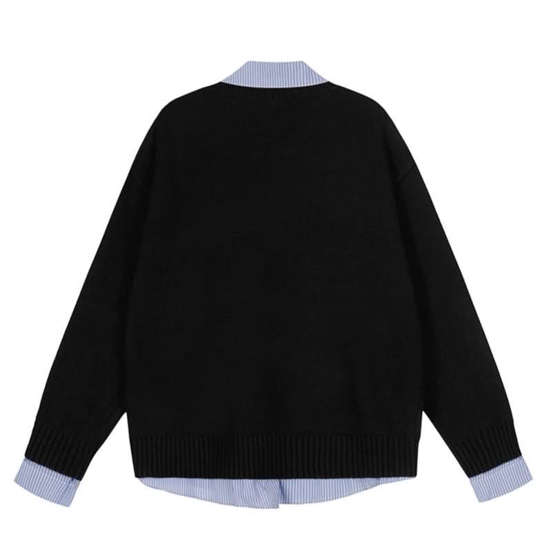 Plaid Spliced Mock Two-Piece Long Sleeve Knit Sweater Couple Women's Autumn