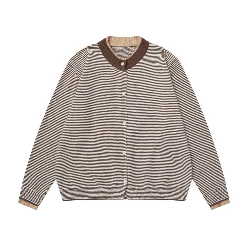 Fake two striped cardigans and round neck sweaters