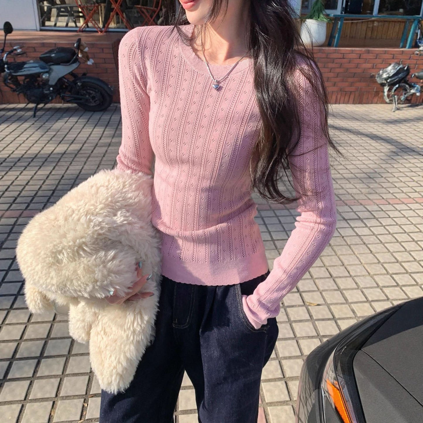 Einzigartiges, ausgeschnittenes, figurbetontes Strickoberteil mit Rundhalsausschnitt für Damen, elegantes und figurschmeichelndes Unterzieh-Top