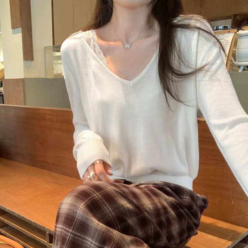 Lockerer, lässiger grauer V-Ausschnitt-Strickpullover mit langen Ärmeln für Damen, leichte, elegante, figurbetonte Oberbekleidung