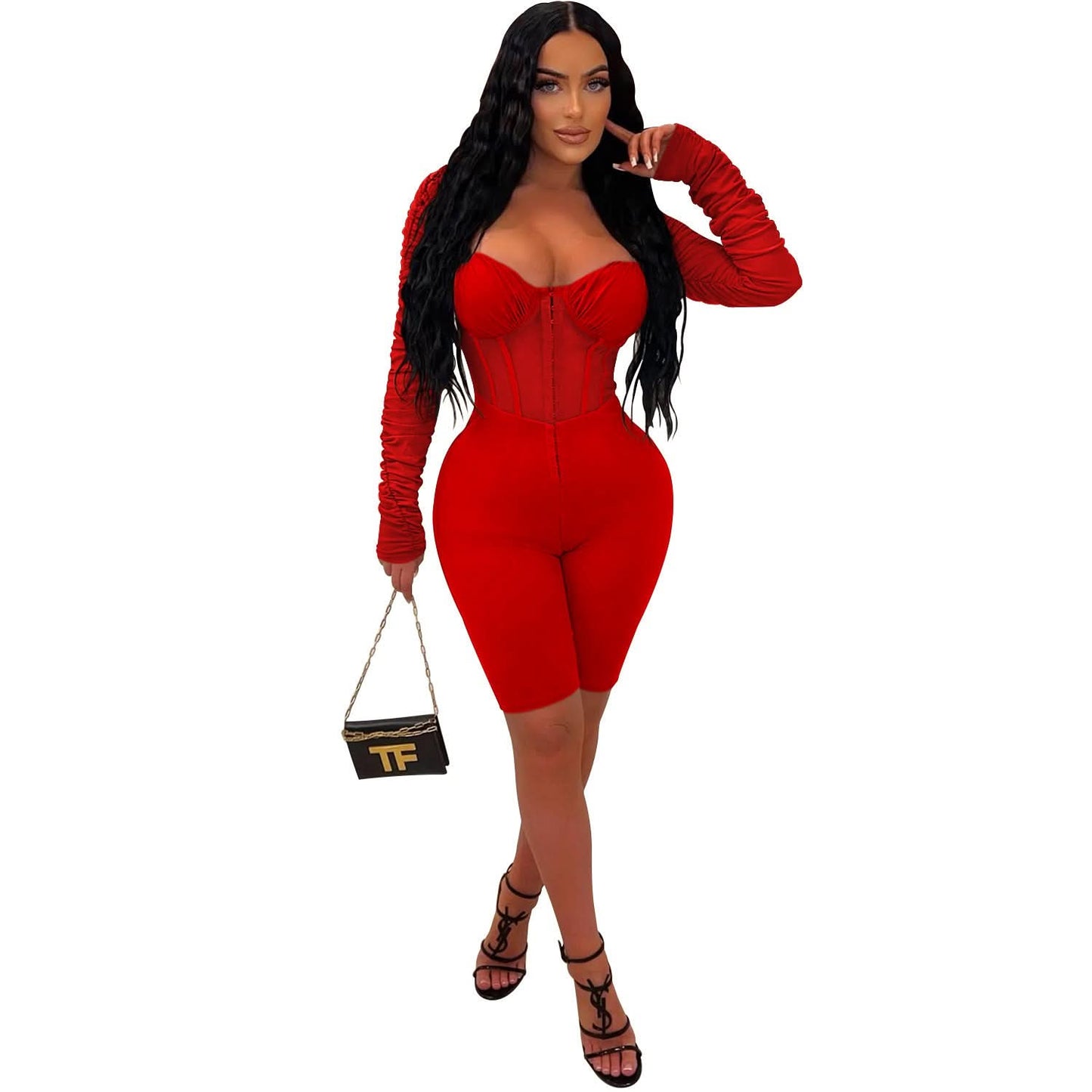 Fashion Damen Einfarbiger Langarm-Kurz-Overall mit Mesh-Transparenz