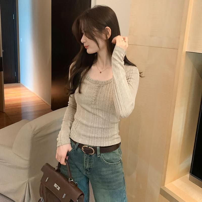 Retro U-Neck Slim Fit Long Sleeve T-Shirt Women's Ribbed Short Length Versatile Knit Top