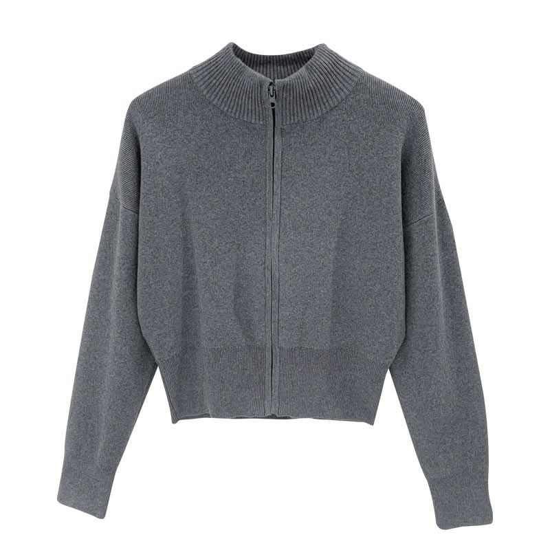 Chic Zippered Knit Cardigan Coat for Women, Long Sleeve, Stand Collar, Short Length