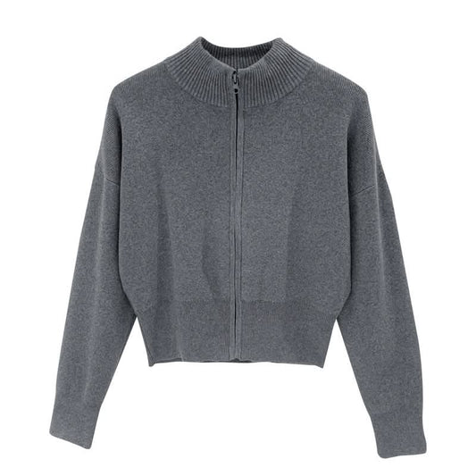 Chic Zippered Knit Cardigan Coat for Women, Long Sleeve, Stand Collar, Short Length