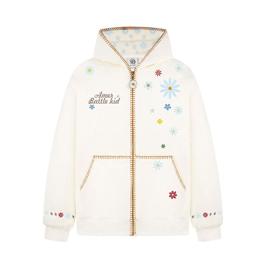 Floral Embroidery Hooded Sweatshirt Unisex Loose Casual Outerwear