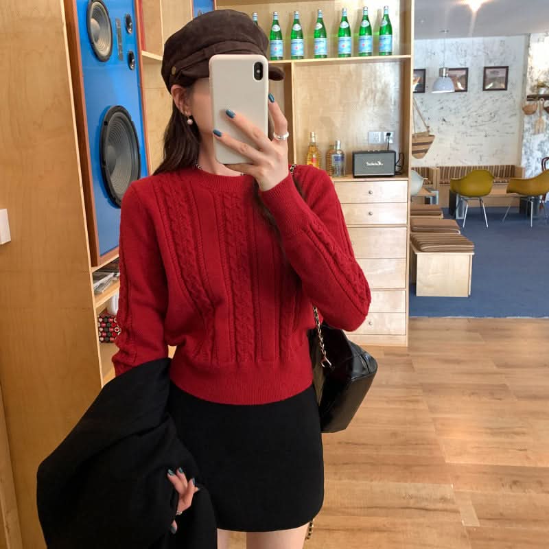 Zopfmuster-Pullover mit Rundhalsausschnitt und langen Ärmeln, Innenfutter, Strickwaren für Damen, einzigartiges Einzeloberteil