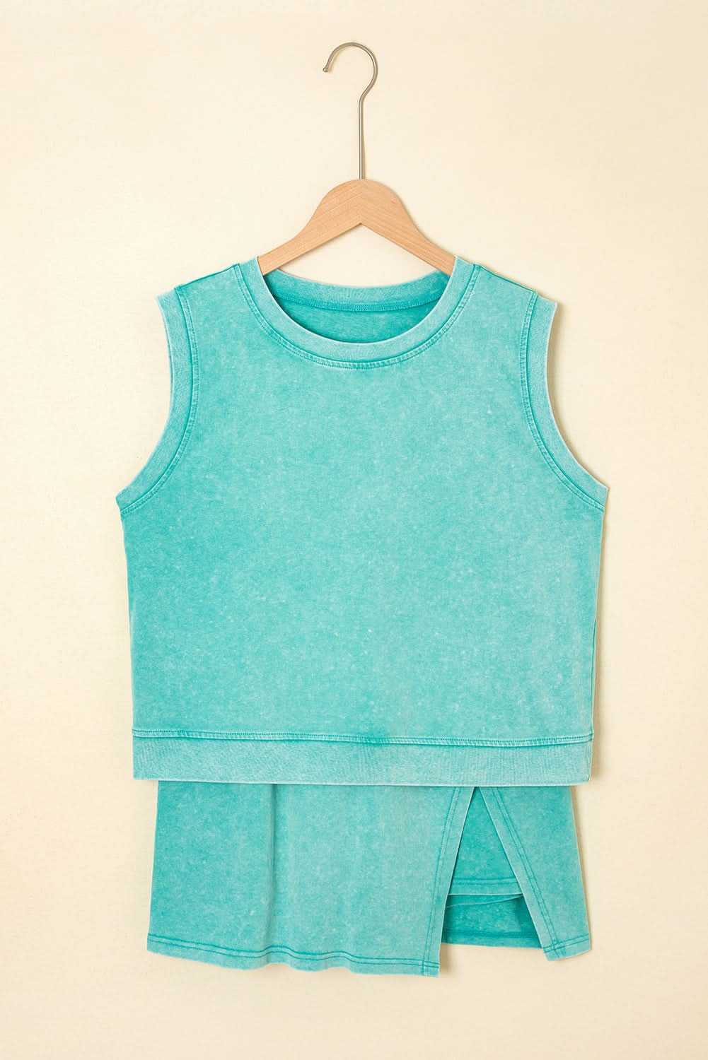 Minzgrün 2-teiliges Mineral-Wash-Baumwoll-Tanktop mit gefüttertem Rock mit Schlitzset