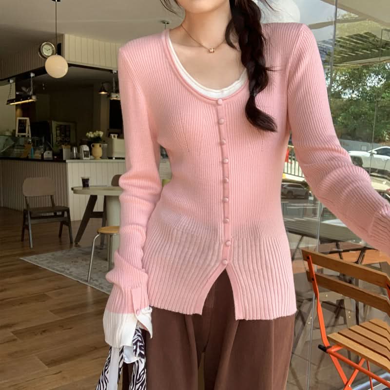 Eleganter rosa Langarm-Strickpullover für Damen, taillierter Slim-Fit, Lagenlook-Top
