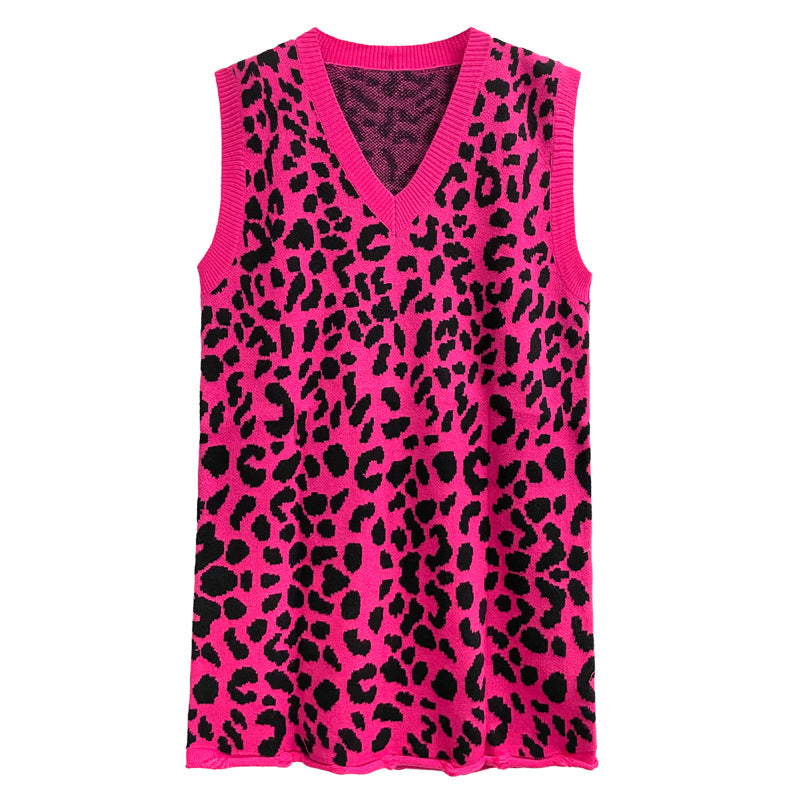 Leopard Print Sleeveless Knit Dress For Women Autumn New V-neck Loose Versatile Ankle Length Vestido Robe