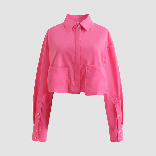 Women Fashion With Pockets Cropped Poplin Shirts Vintage Long Sleeve Button-up Female Blouses Blusas Chic Tops