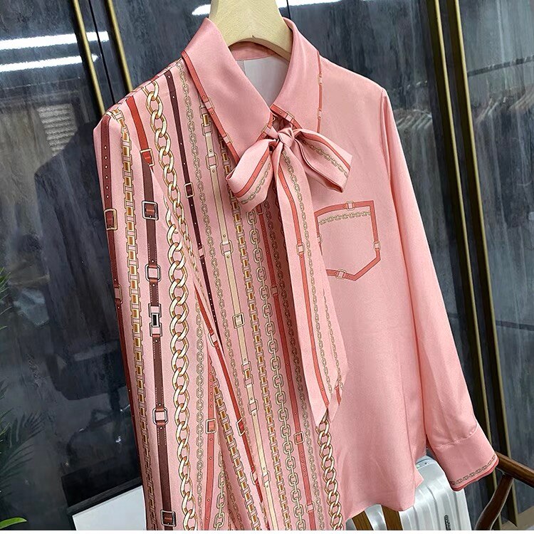 Puff Sleeve Pink Elegant Blouse Women Shirts Bow Chiffon Shirt Autumn Slim Office Blusas Loose Size 3XL