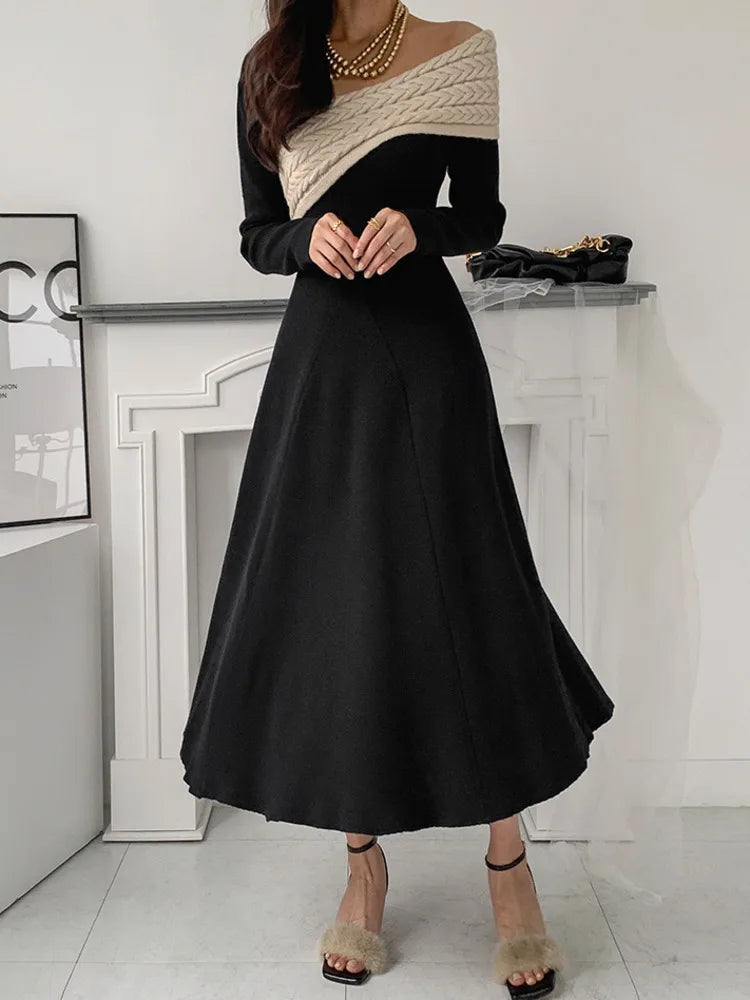 Irregular Collar Knit Spliced Dress For Women Fashion Contrast Color Niche Design Vestido Autumn New Tide