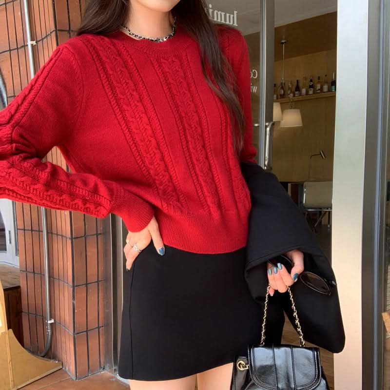 Zopfmuster-Pullover mit Rundhalsausschnitt und langen Ärmeln, Innenfutter, Strickwaren für Damen, einzigartiges Einzeloberteil