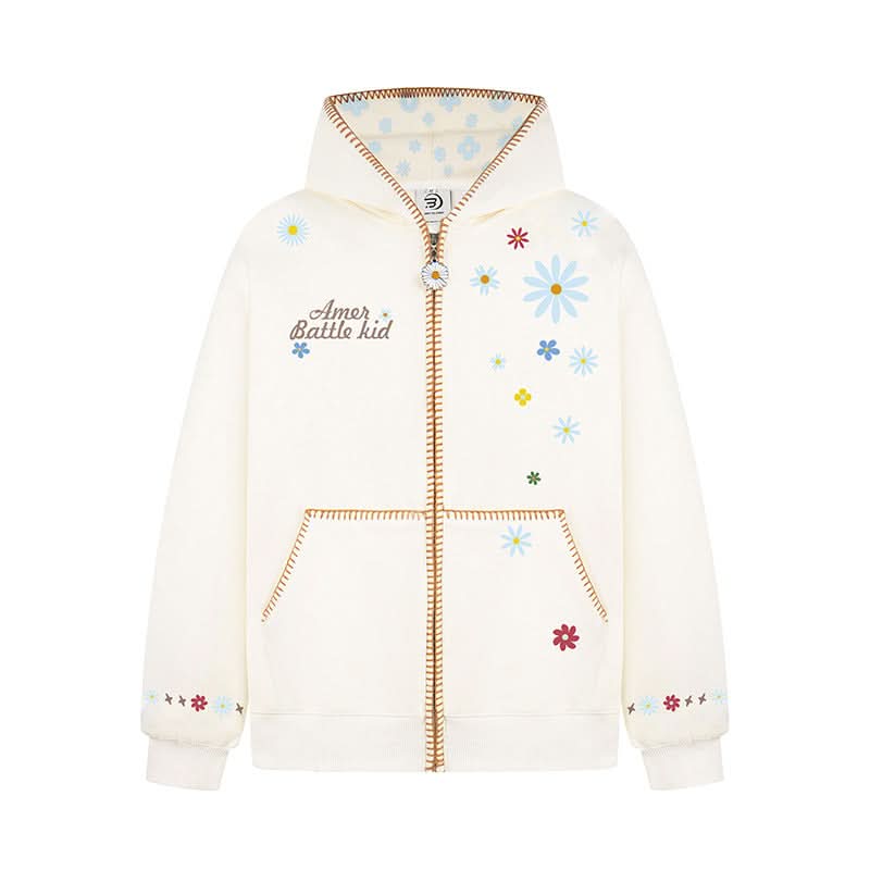 Floral Embroidery Hooded Sweatshirt Unisex Loose Casual Outerwear