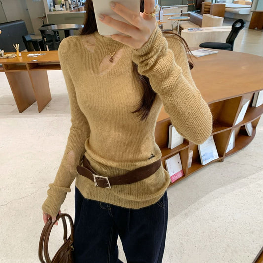 Design Sense Irregular Hole Cut-Out Sexy Long Sleeve Knit Top for Women