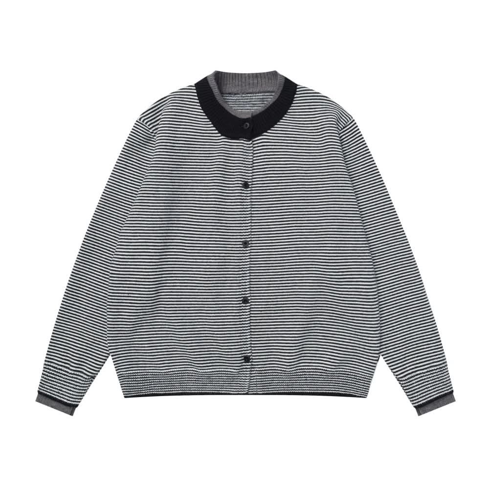 Fake two striped cardigans and round neck sweaters
