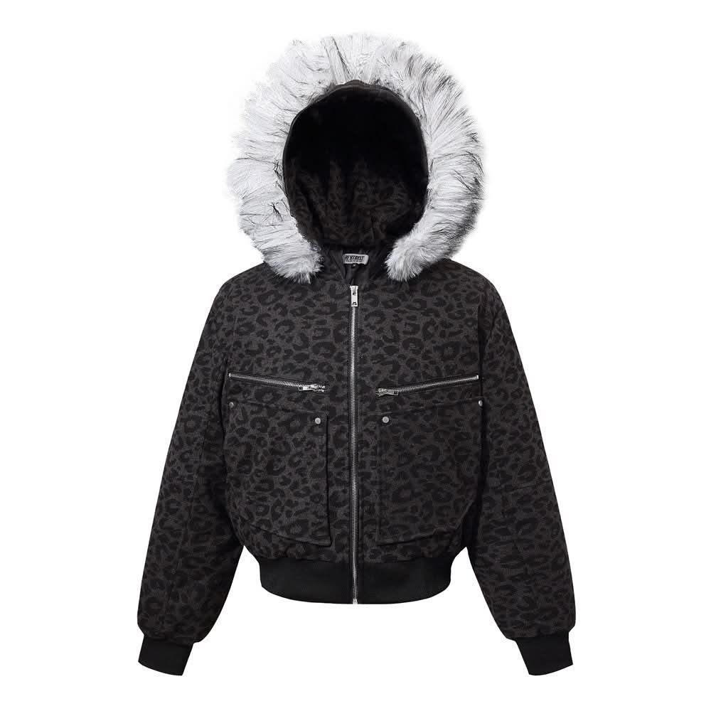 Mountain carving leopard print short hooded cotton jacket