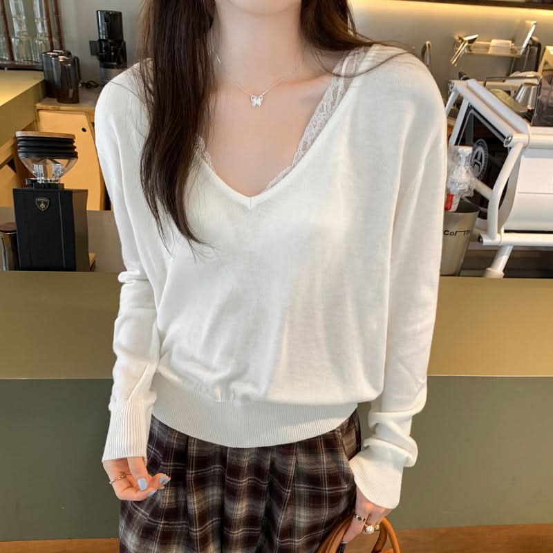 Lockerer, lässiger grauer V-Ausschnitt-Strickpullover mit langen Ärmeln für Damen, leichte, elegante, figurbetonte Oberbekleidung