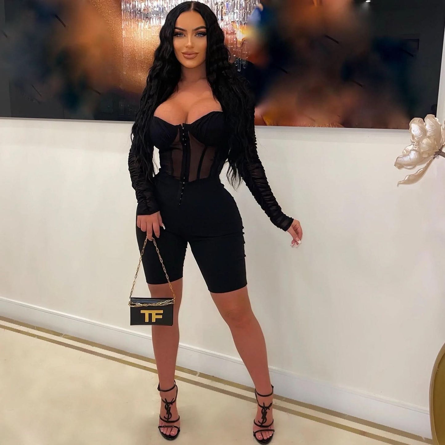 Fashion Damen Einfarbiger Langarm-Kurz-Overall mit Mesh-Transparenz