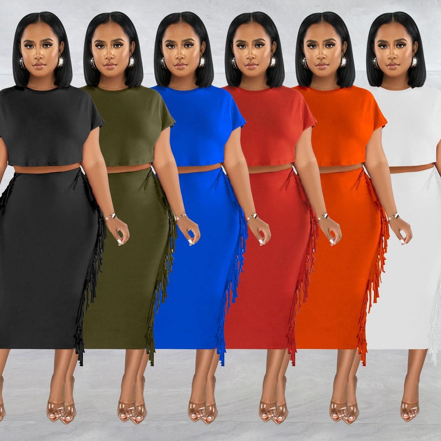 FashionableStyle Einfarbig Fransen Rundhals Kurzarm Langes Kleid Zweiteiliges Set