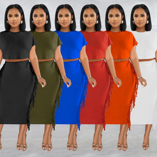 FashionableStyle Solid Color Fringe Round Neck Short Sleeve Long Dress Two-Piece Set