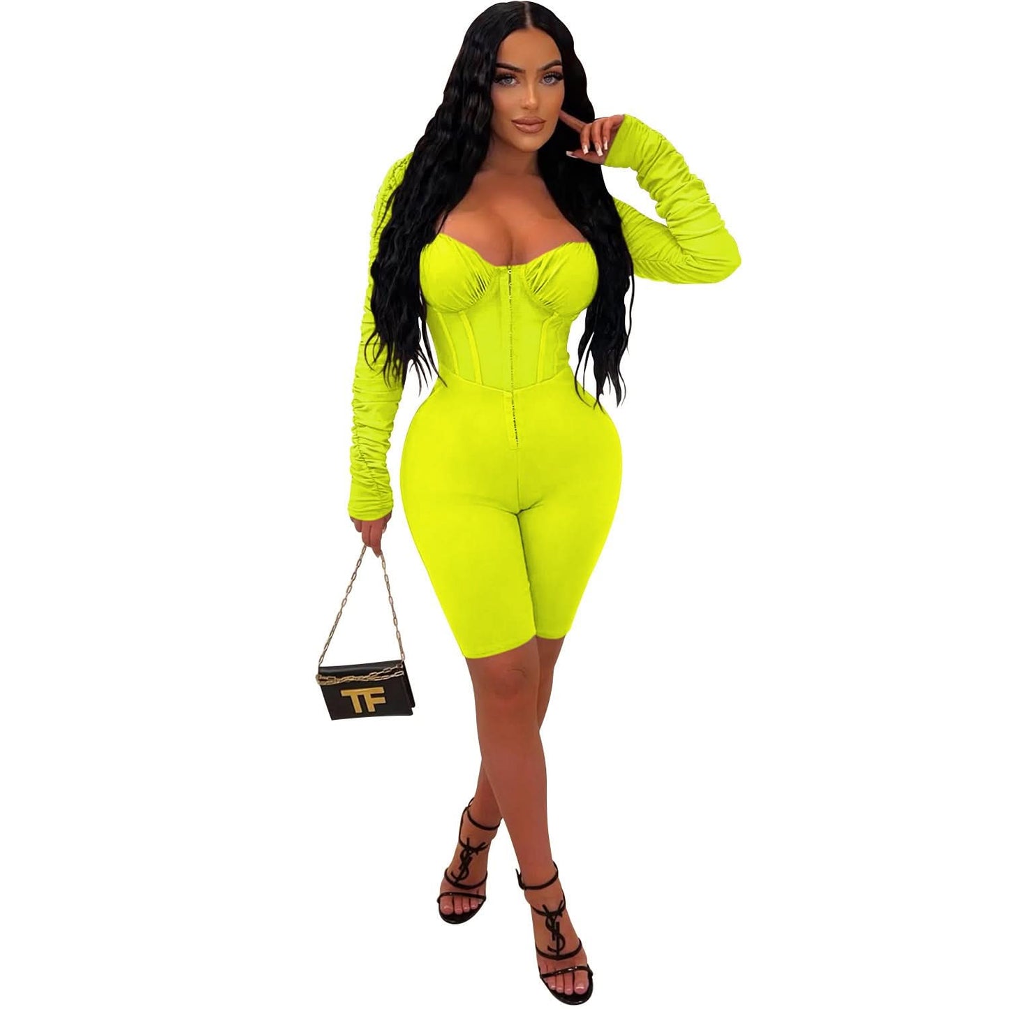 Fashion Damen Einfarbiger Langarm-Kurz-Overall mit Mesh-Transparenz