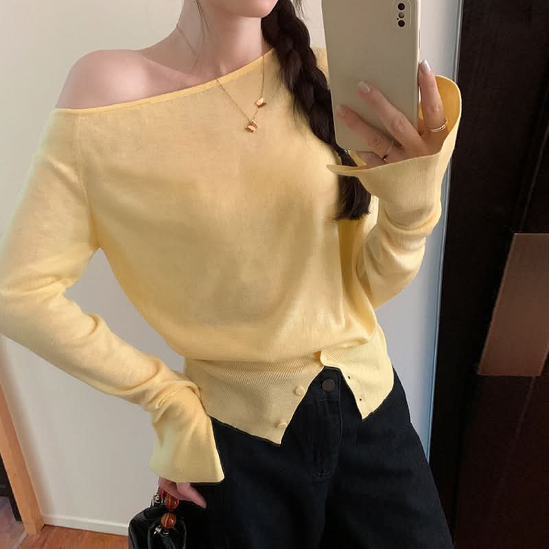 Locker fallendes weiches Oberteil mit schulterfreiem, asymmetrischem One-Shoulder-Design und lockerem Strick für Damen
