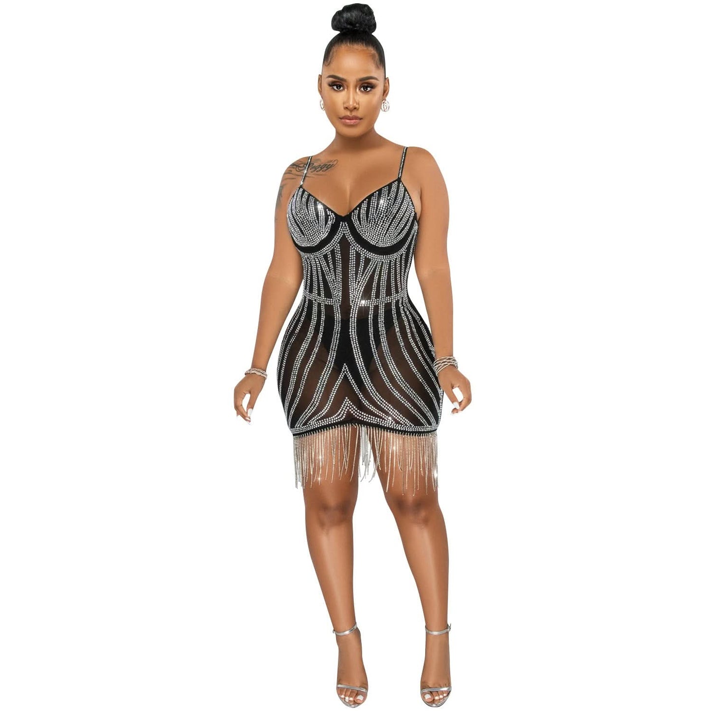 Sexy, ärmelloses, trägerloses Crop-Top-Kleid mit Verzierungen und Fransen