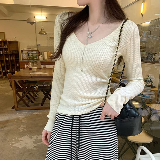 Spring Knit Sweater for Women with Cable Texture, Orange Dopamine Color, V-Neck, Soft and Lazy Style, Long Sleeve, Single Wear Top