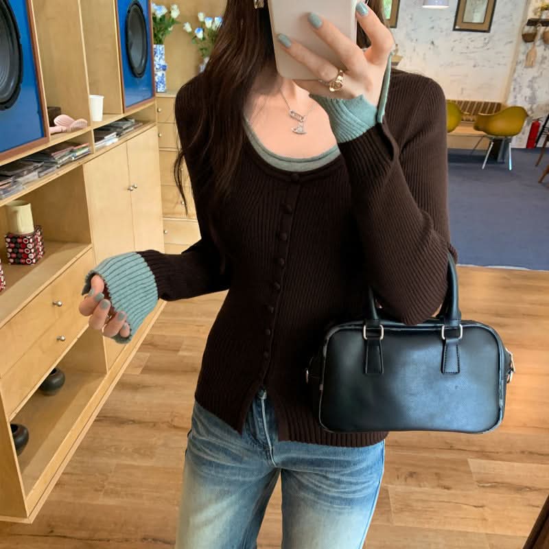 Eleganter rosa Langarm-Strickpullover für Damen, taillierter Slim-Fit, Lagenlook-Top
