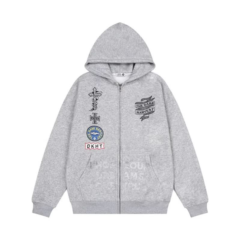 Bestickter Kapuzenpullover mit Reißverschluss Unisex Locker Vielseitige Fleece-gefütterte Jacke Trendig